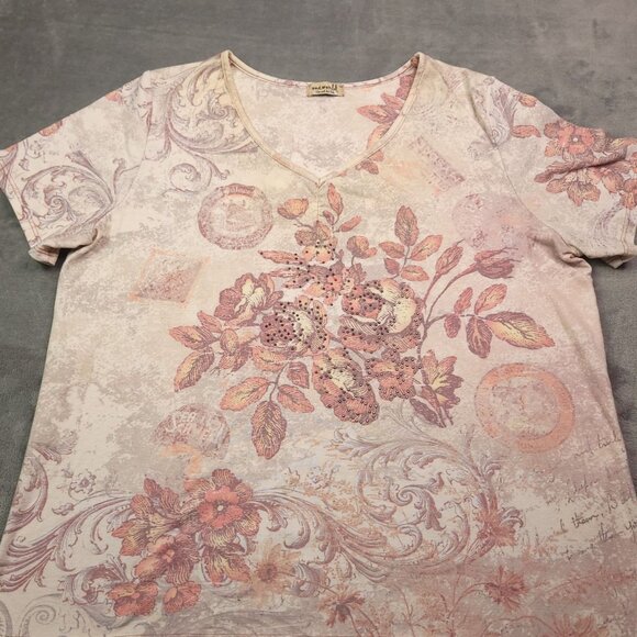 OneWorld Womens Floral V-Neck T-Shirt 1X Plus Short Sleeves Studded Bling - Picture 1 of 5